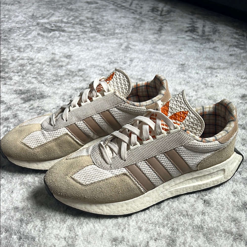 Adidas Tan and White Sneakers with Plaid Interior